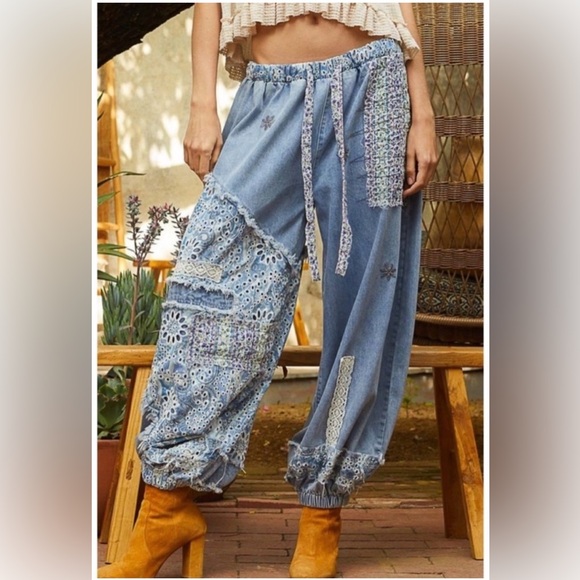 POL Pants - POL Patchwork Light Blue Denim jogger pants size small boho harem